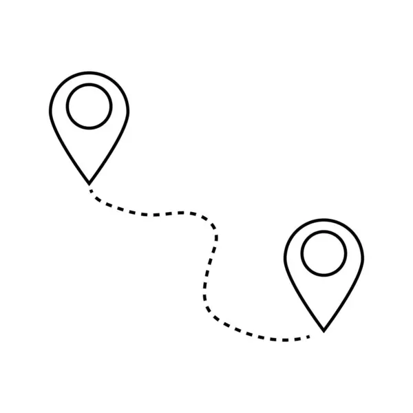 Minimalist siyah-beyaz simgesi, yön bulma, seyahat ya da GPS yönünü temsil eden iki konum lobutunu birbirine bağlayan kesik bir rota gösteriyor. Vektör illüstrasyonu