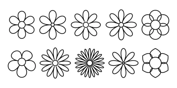 10 basit siyah çiçek sembolü koleksiyonu. Doğayı, dekorasyonu, ilkbaharı, botaniği ve grafik tasarım elementlerini temsil eden minimalist çiçek tasarımları. Vektör illüstrasyonu