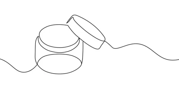 Kapağı açık bir kavanozun basit bir çizimi. Cilt bakımını, kozmetik ürünlerini, depolamayı veya ambalajlamayı temsil eden minimalist siyah taslak sanat. Açık kavanozun sürekli bir simgesi. Tek satırlık açık bir kavanozun simgesi. Vektör illüstrasyonu