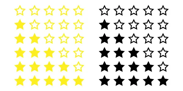 Sarı ve siyah yıldız derecelendirme simgelerinden oluşan bir koleksiyon, farklı derecelerde reytingler gösteriyor, genellikle eleştiriler ve geri bildirimler için kullanılır. Vektör illüstrasyonu