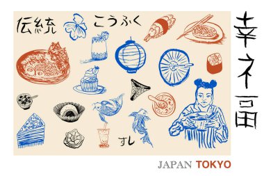 Japon geleneğini ve mutfak sanatını kutlayan el çizimi bir resim seti. İçinde suşi, ramen, kibrit çayı, wagashi tatlıları ve el yazısı ve sofra takımı gibi kültürel semboller var.