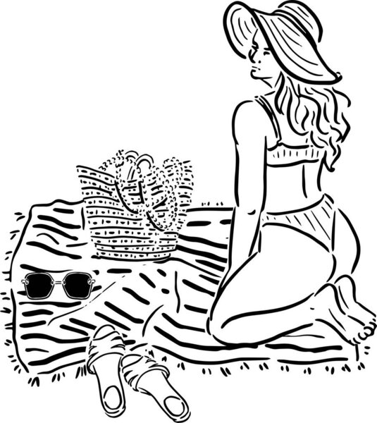 Woman in Swimsuit on Beach Mat Scene Sketch for Poster. Vector illustration.