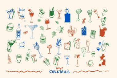 El yapımı mürekkep çizimi koleksiyonu çeşitli kokteyl tasarımları, menüler, bar dekorasyonu ve parti davetiyeleri için ideal. Vektör illüstrasyonu
