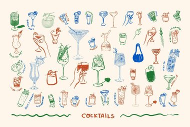 Kokteyllerin el yapımı mürekkep çizimleri, bar menüleri, parti davetiyeleri, mixoloji rehberleri ve dekor için ideal. Modern barmenler, etkinlikler ve içki markaları için mükemmel. Vektör illüstrasyonu