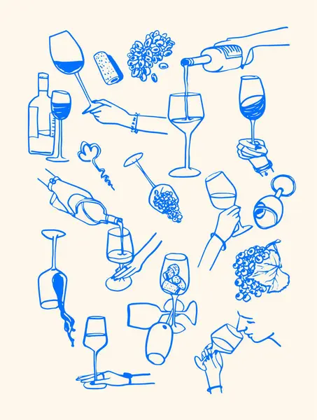 Şarap Tadım ve Dökülen Skeç. Vektör illüstrasyonu.