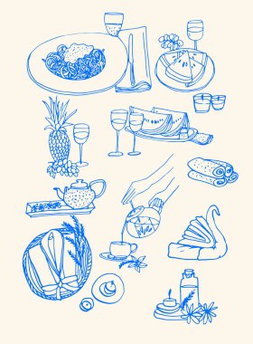 Mutfak ve Sağlıklı Yaşam skeci. Vektör illüstrasyonu.