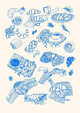 Muhtelif Kruvasanlar ve Pasta Resimleri. Vektör illüstrasyonu.