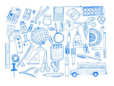 Okula geri dönelim. El çizimi elementler, vektör seti. Okul malzemeleri ve beyaz kareli arka planda izole edilmiş yaratıcı unsurlar, okul defteri. Güzel çizimler, çizgi çıkartmaları.. 