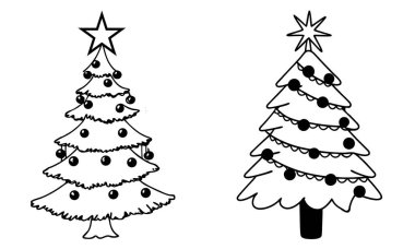 Yıldızlı ve süslü bir Noel ağacı seti, Noel kutlamaları ve yeni yıl kartları için mükemmel.