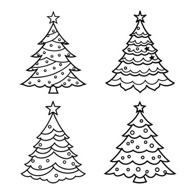 Vektör Noel simgesi. Noel topları olan bir Noel ağacı seti. Yıldızlı Noel ağacı, siyah, beyaz.