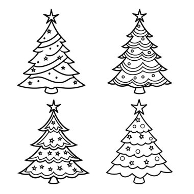 Noel ağacı seti. siyah ve beyaz resimleme.