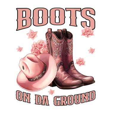 Batı kovboy tarzında Boots on Da Ground vektörü, Illustrator kullanımı için mükemmel, çizmeler, şapka ve kırsal metin elementleri.