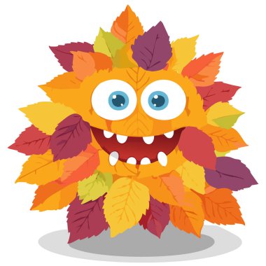 Çizgi film çizimleri neşeli, yuvarlak bir canavarı resmediyor. Özellikle renkli sonbahar yapraklarından yapılmış. Bu yapay zeka ürünü..