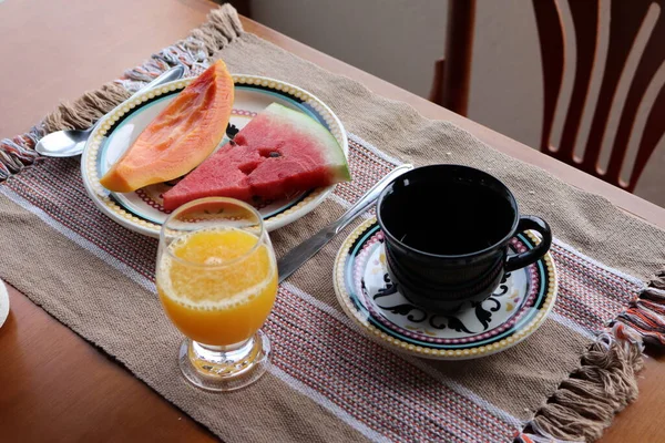 Mesa Desayuno Con Café Frutas — Foto de Stock