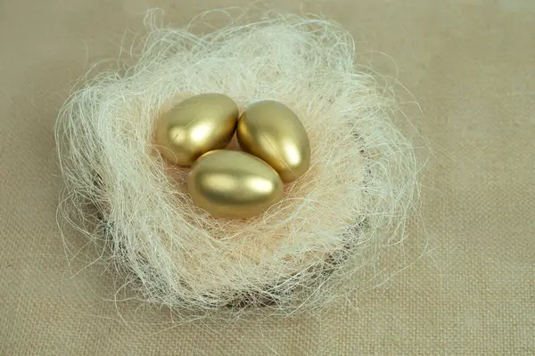 Yumuşak, beyaz bir yuvaya yerleştirilmiş üç altın yumurta kırsal bir arka plana karşı, görsel olarak yatırım, güvenlik ve gelecekteki zenginlik kavramlarını temsil ediyor.