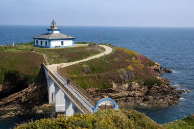 Kuzey İspanya 'nın Galiçya kıyı bölgesinde Ribadeo yakınlarında engebeli uçurumlar ve Atlantik sularıyla çevrili Pancha Adası deniz feneri..