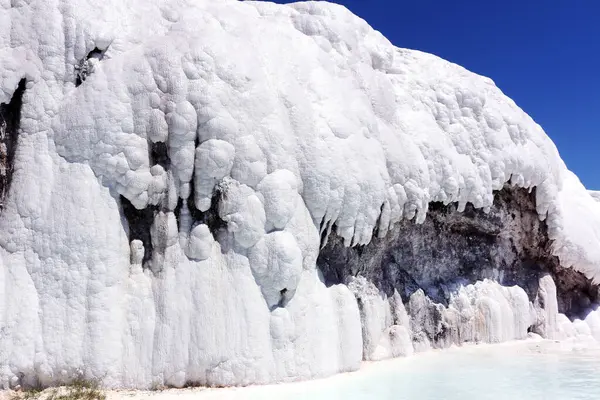 Büyüleyici bir doğa harikası, beyaz teraslar çağlayarak aşağı iniyor, berrak mavi gökyüzünün altında akan su ve mineral yataklarının nefes kesici bir sahnesini oluşturuyor.