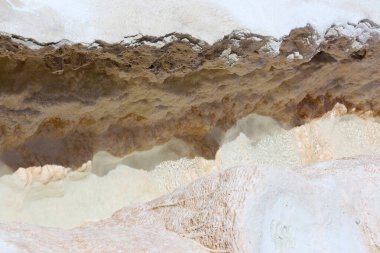 Büyüleyici bir doğa harikası, beyaz teraslar çağlayarak aşağı iniyor, berrak mavi gökyüzünün altında akan su ve mineral yataklarının nefes kesici bir sahnesini oluşturuyor.
