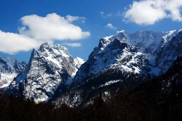 Görkemli bir dağ sırası. Yoğun, karanlık ormanlar üzerinde yükselen karla kaplı tepeler. Mavi bir gökyüzünün altında, tüylü beyaz bulutlarla benekli..