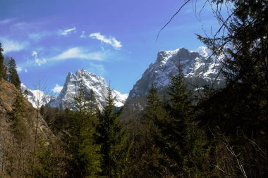 Görkemli karla kaplı dağlar ufka hükmediyor. Parçalı bulutlu mavi gökyüzünün altındaki yemyeşil ağaçlarla çelişiyor. Muhteşem bir alp manzarası sergiliyorlar..