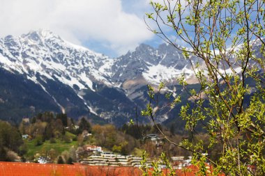 Görkemli kar örtülü Alpler, ilkbaharın, parçalı bulutlu bir gökyüzünün altında, ön planda taze yeşil yapraklar çıkardığı büyüleyici Innsbruck kasabasına bakar.
