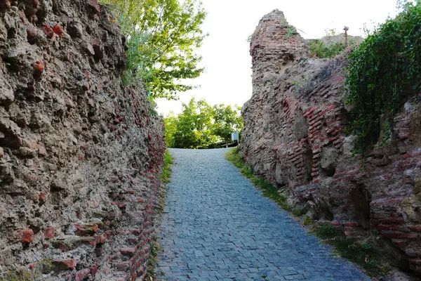 Güneşin aydınlattığı kaldırım taşları, yıpranmış, tarihi tuğla duvarlar ve yolun sonundaki yemyeşil alanlarla çevrili dar bir geçitten geçer.