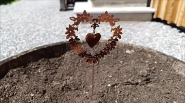Büyüleyici kalp şeklinde bir kazık, güzel bir bahçe yatağında gururla duruyor, güneşin altında güneşleniyor. Bu dekoratif eser, bahçıvanlığa ve doğaya karşı derin bir sevginin altını çiziyor..