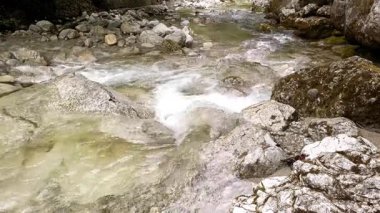 Almanya 'da Tatzelwurm' un akan suları, sakin bir nehir ortamında, güneş ışığı altında doğal güzelliklerle çevrili, pürüzsüz taşların üzerine dökülür, dinlenmek için mükemmel sakin bir atmosfer yaratır..