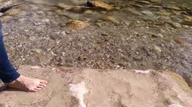 Nehir kıyısında huzurlu bir anın tadını çıkarın. Aydınlık bir günde, pürüzsüz taşlar ve doğa ile çevrili serin suda ayaklarınızı daldırın..