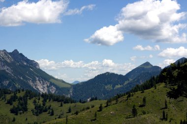 Görkemli Alp manzarası, yemyeşil yamaçlar, yoğun çam ormanları ve parçalı bulutlu mavi gökyüzünün altında dramatik tepeler. Huzurlu ve resim gibi.