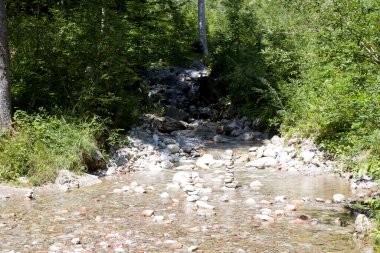 Sakin bir dere yemyeşil bir arazide akar. Sığ sularda ustalıkla istiflenmiş pürüzsüz taşlar parlak güneş ışığı altında huzurlu ve uyumlu bir manzara yaratır..