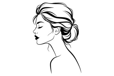 Güzel, genç bir kadının zarif çizgisi. Gözleri kapalı ve saçları topuz şeklinde bağlanmış. Siyah-beyaz minimalist illüstrasyon, güzellik, güzellik, spa, moda veya yaşam tarzı temalarına uygun sakinlik, zarafet ve kadınlığı ifade eder..