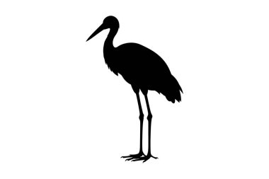Ayakta duran bir leyleğin siyah silueti ya da beyaz arka planda uzun bacakları ve gagası olan balıkçıl. Doğa, sulak arazi veya vahşi yaşam temalarına uygun zarif ve minimal kuş tasarımı.