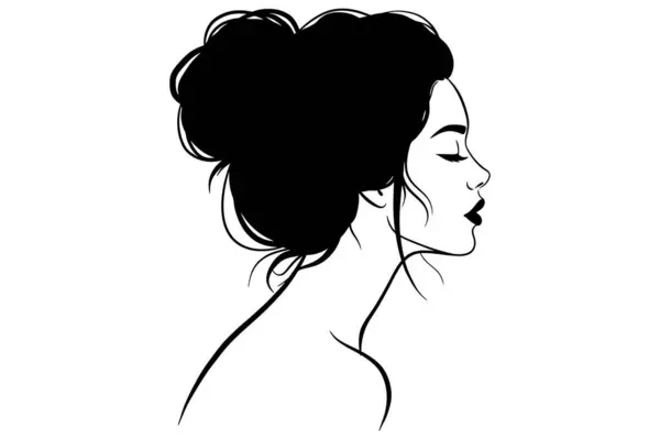 Profil görünümlü, dağınık bir çörek saç stili ve narin yüz hatları olan, sanatsal siyah beyaz bir kadın silueti. Güzellik, moda veya kadınsı tasarım temalarına uygun zarif ve minimalist kadın portresi.