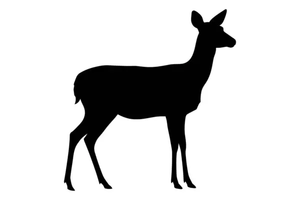 Siyah bir geyik silueti beyaz arka planda profil görünümünde duruyor. Orman, doğa ve hayvan temalı projeler için ideal zarif ve minimal vahşi yaşam tasarımı..