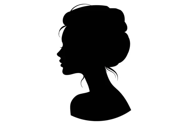 Siyah bir kadın silueti. Profilde saç stili olan bir kadın kafası. Moda, güzellik veya klasik temalı tasarımlar için ideal zarif ve minimal kadın figürü.