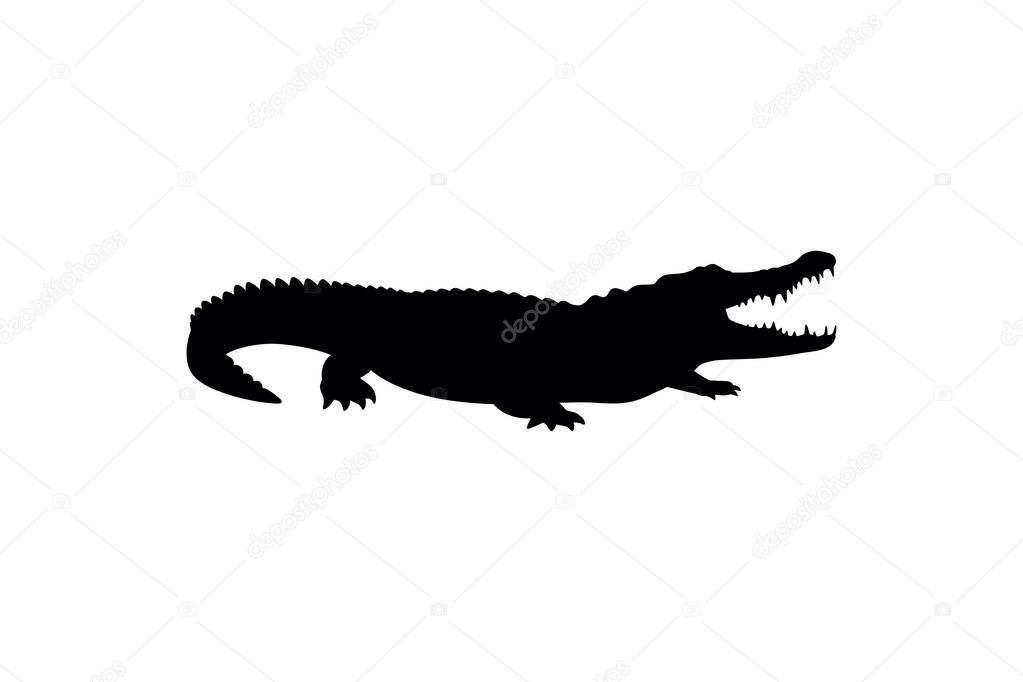 Black silhouette of a crocodile lying on its belly with its mouth open. The image captures the distinct jagged body, strong tail, and sharp jawline of this fearsome reptile.