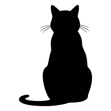 Arkadan görünen siyah bir kedi silueti. Görünür kulakları, kuyruğu ve bıyıkları var. Minimalist ve zarif hayvan simgesi tasarımı, evcil hayvan, Cadılar Bayramı veya logo temaları için uygun.