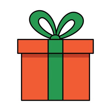 Yeşil kurdeleli kırmızı bir hediye kutusunun düz vektör çizimi. Tatil, Noel ya da doğum günü teması için mükemmel. Basit, şenlikli ve renkli simge biçimi.