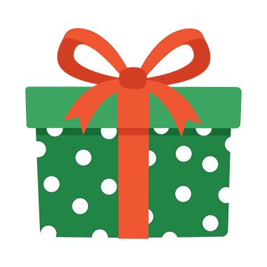 Şenlikli, düz stil, yeşil tabanlı ve üzerinde kırmızı bir fiyonk bulunan beyaz benekli hediye kutusu. Canlı renkler ve neşeli tasarım onu tatil temalı görseller için ideal kılıyor..