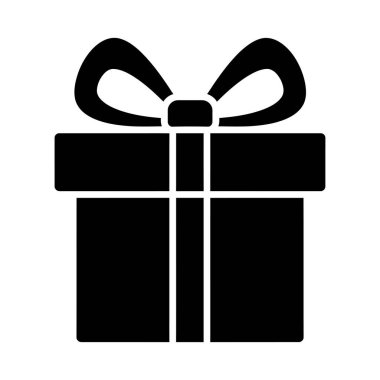 Beyaz arka planda kurdeleli minimalist siyah siluet hediye kutusu ikonu. Temiz ve cesur stil, uygulamalarda, web sitelerinde, yazdırma materyallerinde veya tatil temalı projelerde evrensel kullanım için ideal.