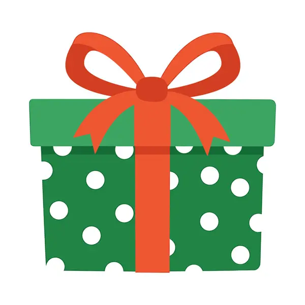 Şenlikli, düz stil, yeşil tabanlı ve üzerinde kırmızı bir fiyonk bulunan beyaz benekli hediye kutusu. Canlı renkler ve neşeli tasarım onu tatil temalı görseller için ideal kılıyor..