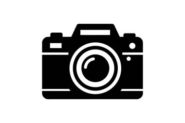 Minimalist, düz dizaynlı siyah beyaz bir kamera ikonu. İllüstrasyonda merkezi mercekli, vizör ve düğmeli klasik bir kamera yer alıyor. Fotoğraf temaları, uygulamalar veya grafik tasarım ögeleri için ideal.