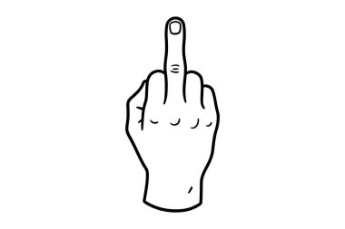 Orta parmak hareketi yapan bir insan elinin minimalist siyah-beyaz çizimi. Tasarım basit, temiz hatlar ve hafif anatomik detaylarla, karikatür stili olmadan açık, isyankar ve anlamlı bir mesaj iletiyor..