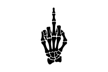 İskelet bir elin yüksek kontrastlı siyah silueti isyankar bir hareketle orta parmağını kaldırıyor. Bu kalın ve keskin grafik punk, gotik, dövme ya da Cadılar Bayramı sanatı için idealdir. Basit, etkili tasarım temiz beyaz arka planda izole.