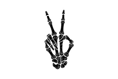 İskelet bir elin ileriye dönük barış ya da zafer işareti yapan siyah beyaz çizimi. Cesur, yüksek kontrastlı kemik tasarımı cadılar bayramı, gotik, punk veya dövme esinlenilmiş sanat eserleri için mükemmeldir. Temiz beyaz bir arkaplanda izole edilmiş..