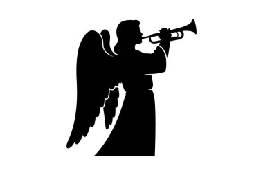 Trompetli melek. Siyah vektör silueti beyaz arkaplanda izole edildi. Boynuzlu bir melek.