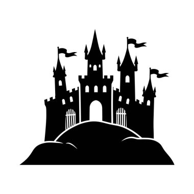 Ortaçağ ve gotik mimarinin yer aldığı karamsar, sinematik fantezi manzaralı bir tepede geçen dramatik bir masal kalesi silueti. Fantezi, ortaçağ ve gotik tasarımlar için mükemmel..