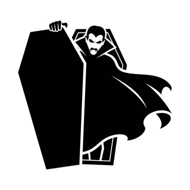 Keskin çizgiler ve dramatik gölgelerle biçimlendirilmiş gotik bir korku vampiri tabut siluetinin yüksek kontrastlı siyah beyaz çizimi. Cadılar Bayramı, korku ve gotik temalı tasarımlar için mükemmel..