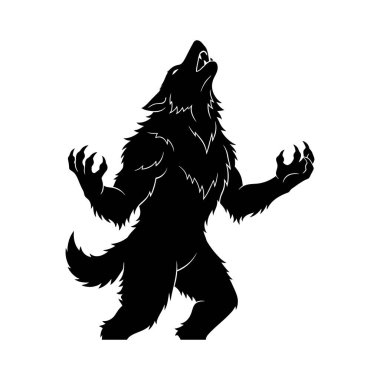 Kurtadam siluetinin siyah ve beyaz bir görüntüsü. Karmaşık detaylar ve kasvetli bir atmosferle uluyor. Korku, fantezi ve doğaüstü tasarım için mükemmel..